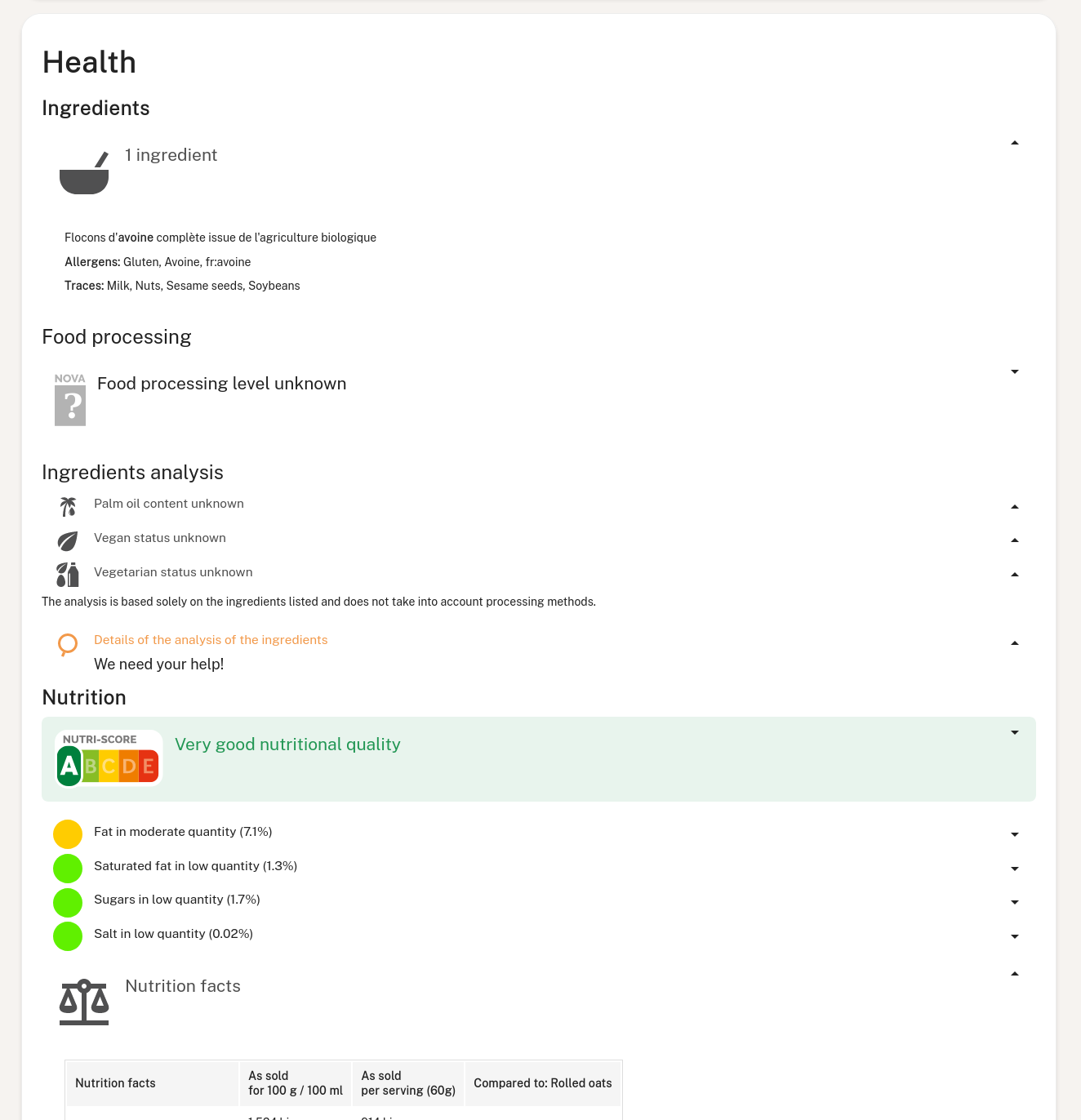 Panels for oatmeal on the mobile app, showing ingredients and nutrition info