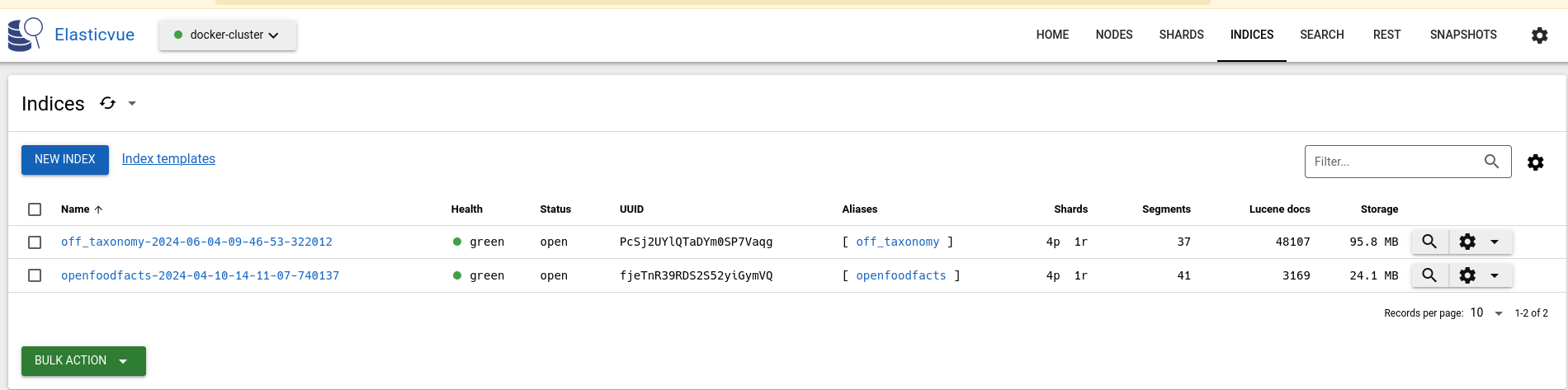 Our two indices in ElasticVue